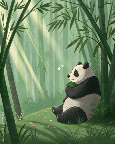 Cute panda illustration in bamboo forest with sunlight photo