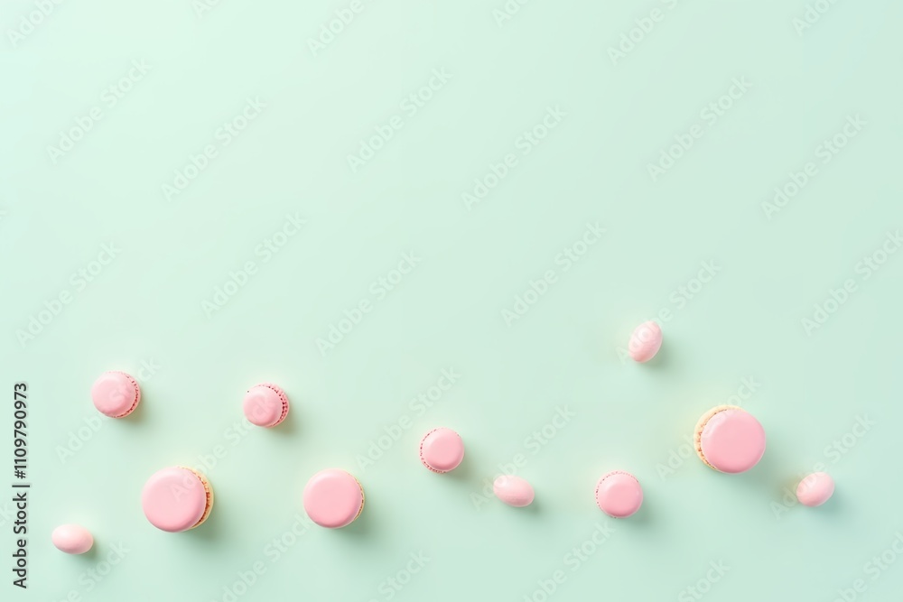 Artistically Arranged Pink Macarons and Candies on Light Teal Surface with Copy Space Artistically Arranged Pink Macarons and Candies on Light Teal Surface with Copy Space