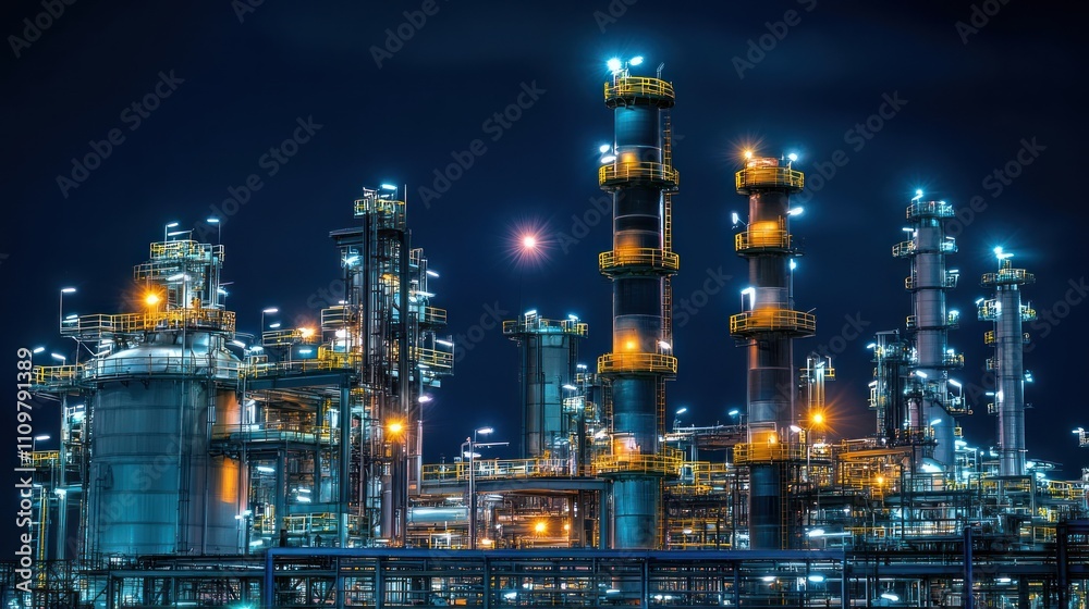 Industrial complex illuminated at night with towering structures. Industrial complex illuminated at night with towering structures.