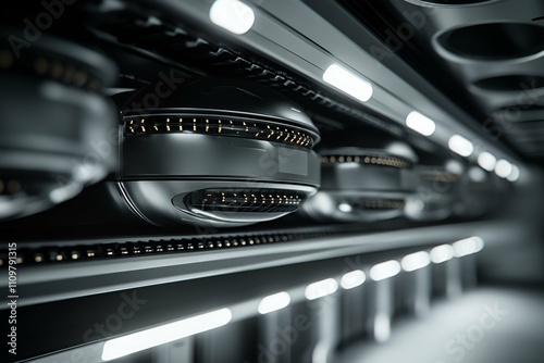 Close-up of a futuristic magnetic levitation transport system with sleek black and metallic design, illuminated with soft light