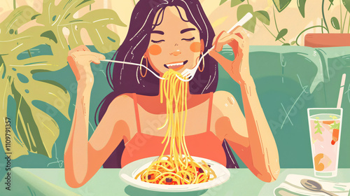 Young happy woman sitting at the table in a caf�: Enjoying a meal, eating tasty pasta. Dish of spaghetti Bolognese.