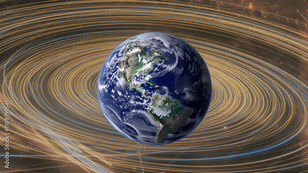 Earth at the center of dynamic swirling lines and vibrant energy in cosmic space Earth at the center of dynamic swirling lines and vibrant energy in cosmic space