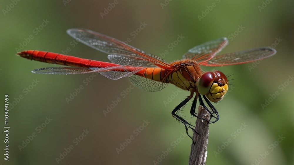 Close-up of a vibrant red dragonfly perched on a twig. Close-up of a vibrant red dragonfly perched on a twig.