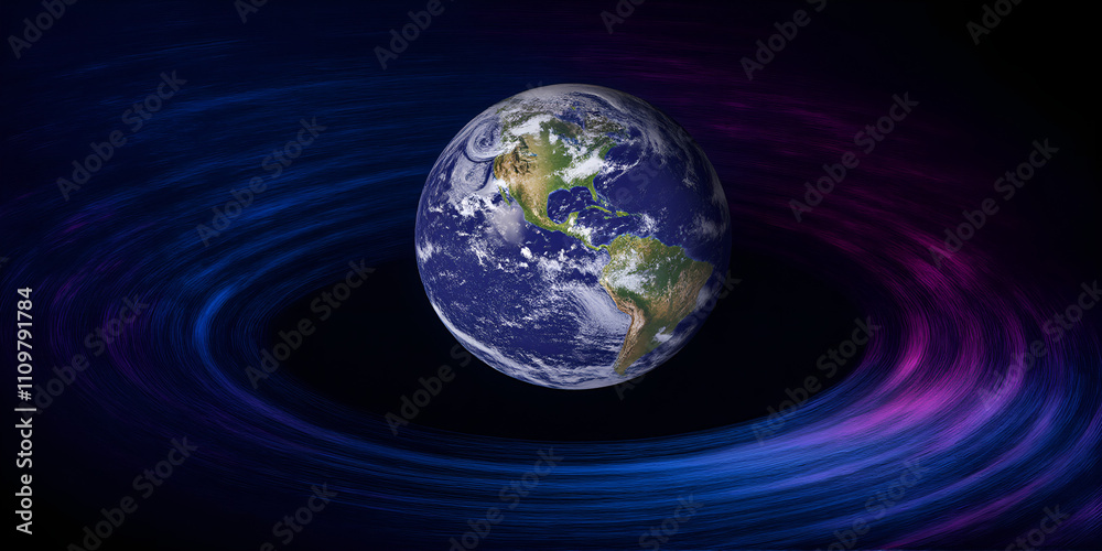 Fototapeta premium Earth in dynamic swirl of blue and purple colors on dark space background