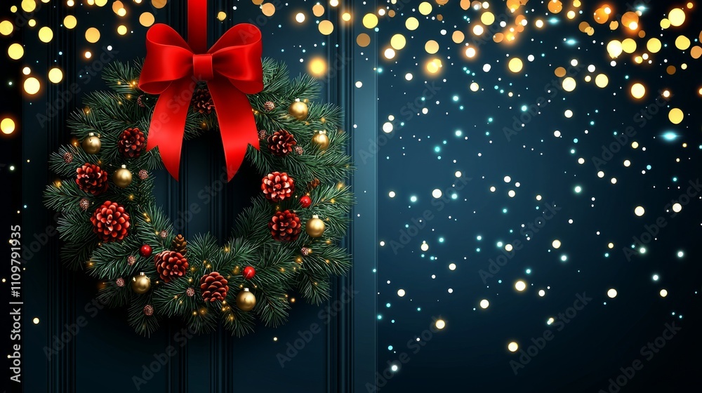 Elegant Christmas Wreath with Red Bow and Sparkling Lights on Dark Background for Holiday Decor Elegant Christmas Wreath with Red Bow and Sparkling Lights on Dark Background for Holiday Decor