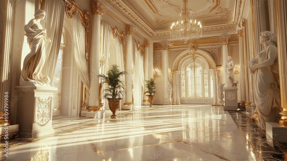Elegant interior of a luxurious hall with statues and sunlight. Elegant interior of a luxurious hall with statues and sunlight.