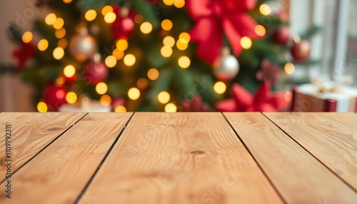 Empty wooden table with blurred festive Christmas decorations