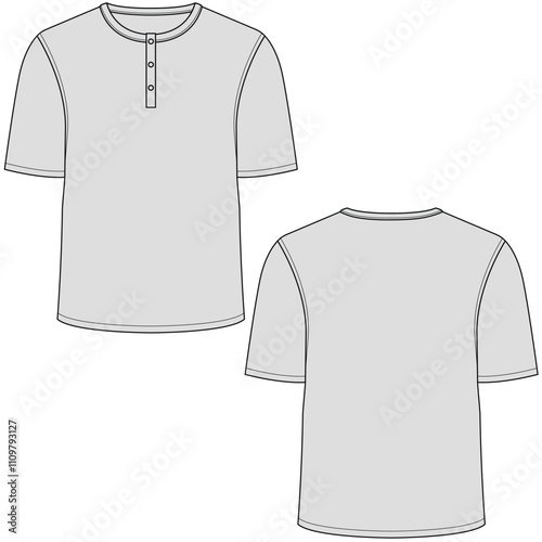 Henley neck t-shirt vector illustration. Henley neck short sleeve t-shirt front and back views