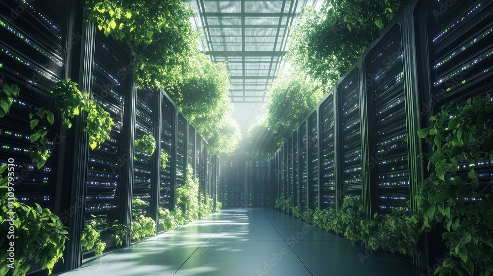 A futuristic data center integrated with lush greenery. A futuristic data center integrated with lush greenery.