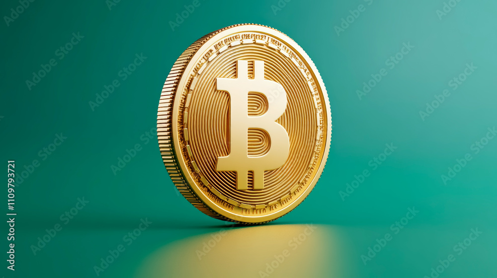 Captivating golden 3D coin with a bitcoin symbol set against a vibrant green background Captivating golden 3D coin with a bitcoin symbol set against a vibrant green background