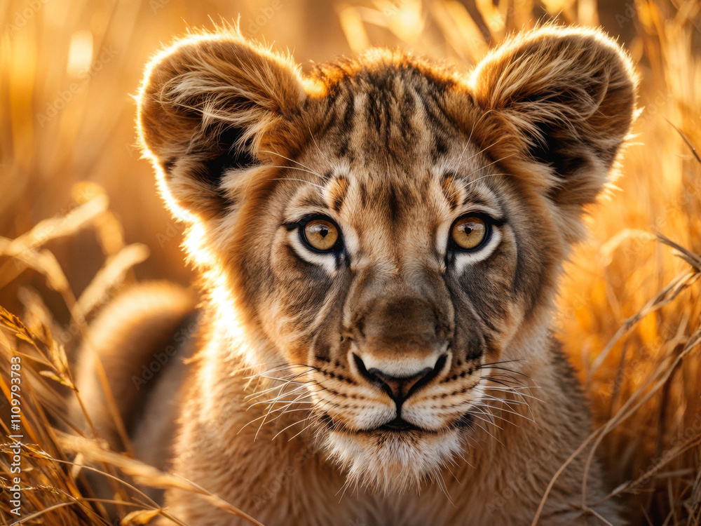 A stunning close-up of a young lioness gazing intently through golden savannah grass, illuminated by warm sunlight, showcasing her beauty and strength. Generative AI A stunning close-up of a young lioness gazing intently through golden savannah grass, illuminated by warm sunlight, showcasing her beauty and strength. Generative AI
