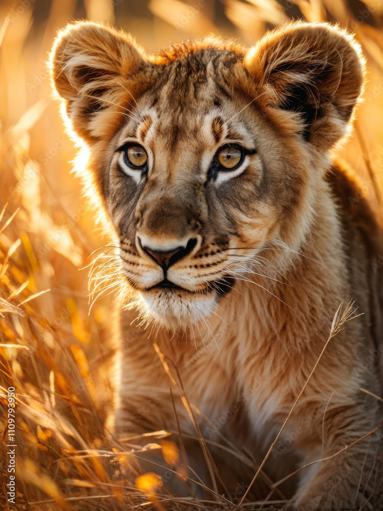 Obraz premium Close-up of a young lioness gazing intensely through golden grass in the savannah, bathed in soft, warm sunlight. Generative AI