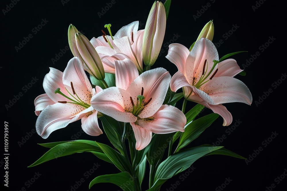 Fototapeta premium Beautiful pink lilies arranged elegantly against a dark background, showcasing vibrant colors and intricate details. Floral beauty and nature concept.