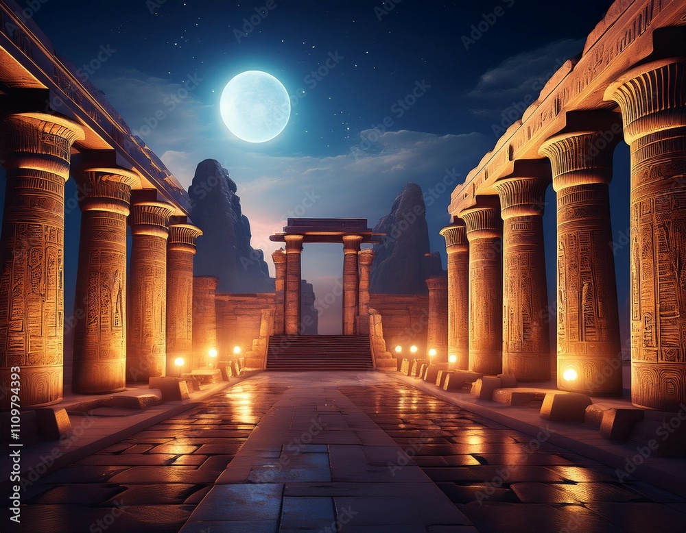 Fototapeta premium ancient egyptian temple of gods an ancient temple with high columns stairs moonlight twilight history of ancient egypt