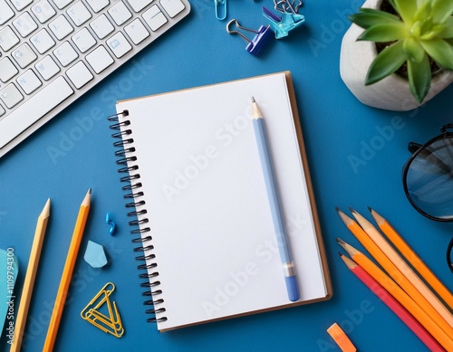 flat lay top view office table desk with stationery notebook keyboard pencils with isolated mockup on blue background back to school concept