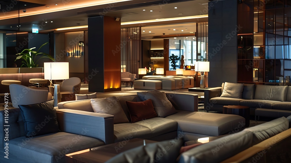 A contemporary elegant living area featuring comfortable seating, modern decor, and soft ambient lighting A contemporary elegant living area featuring comfortable seating, modern decor, and soft ambient lighting