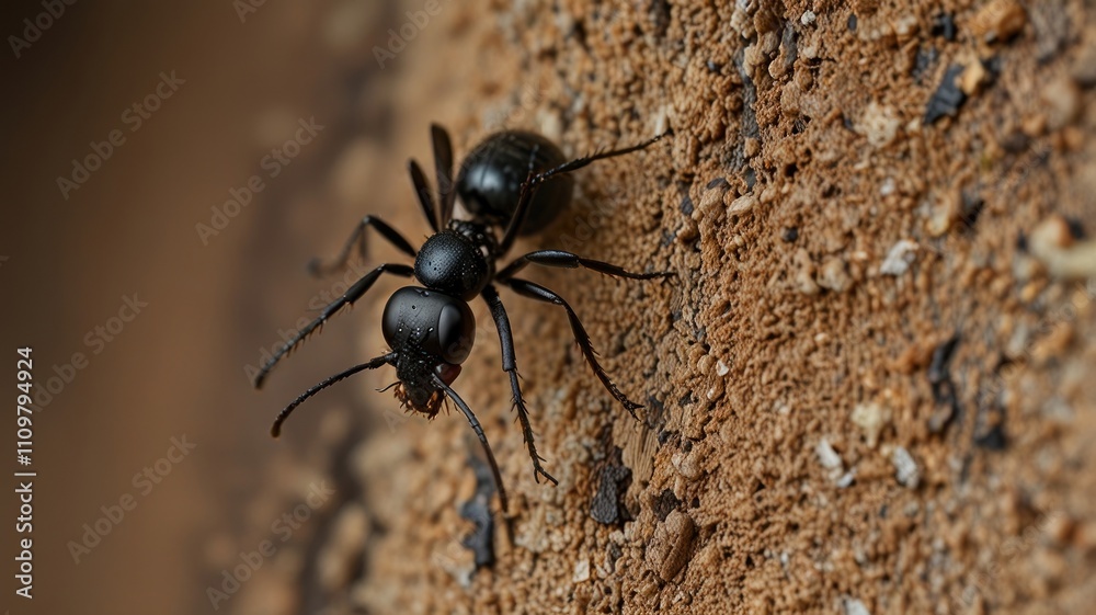 Close-up of a large black ant on textured ground. Close-up of a large black ant on textured ground.