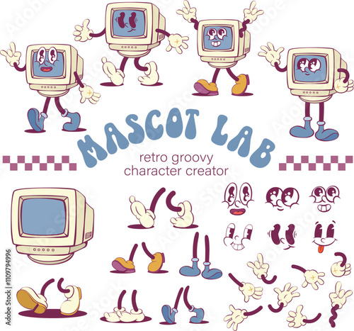 Retro computer groovy character creation kit, vintage PC mascot parts