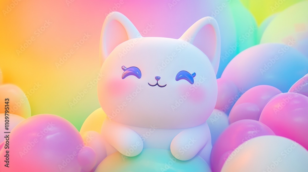 A cute, cartoonish white cat with a joyful expression sits among colorful, pastel-colored bubbles against a vibrant, rainbow background.