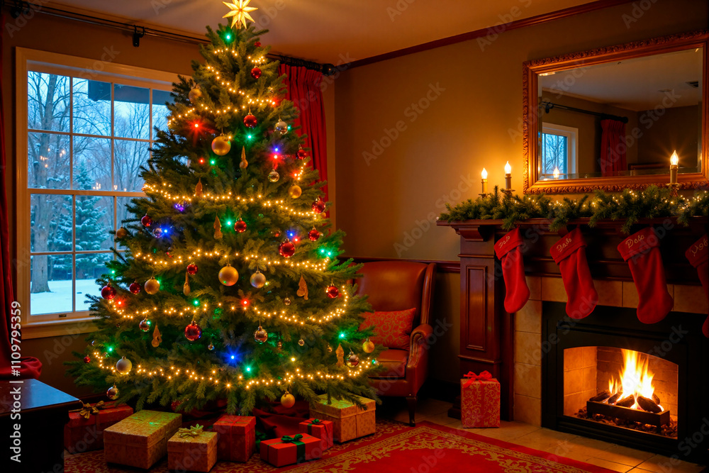 Árbol de navidad junto a una chimenea Árbol de navidad junto a una chimenea