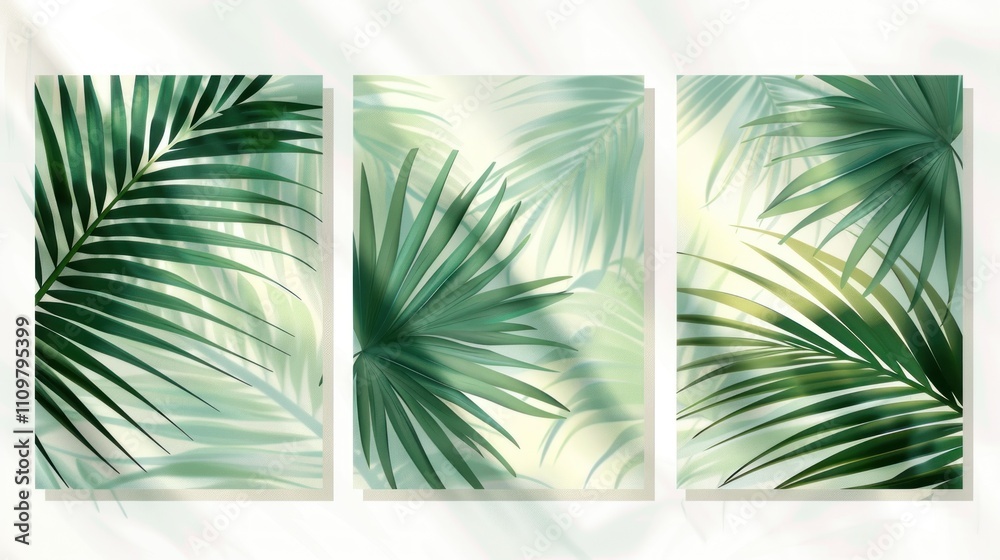 A serene triptych featuring lush green palm leaves against a soft, light background, creating a calming atmosphere.