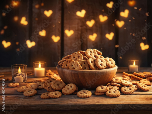 Rustic wooden table featuring a bowl filled with bone-shaped dog biscuits, surrounded by scattered treats and lit by warm light. Generative AI