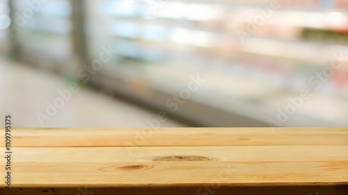Empty wooden tabletop with blurred supermarket background for display