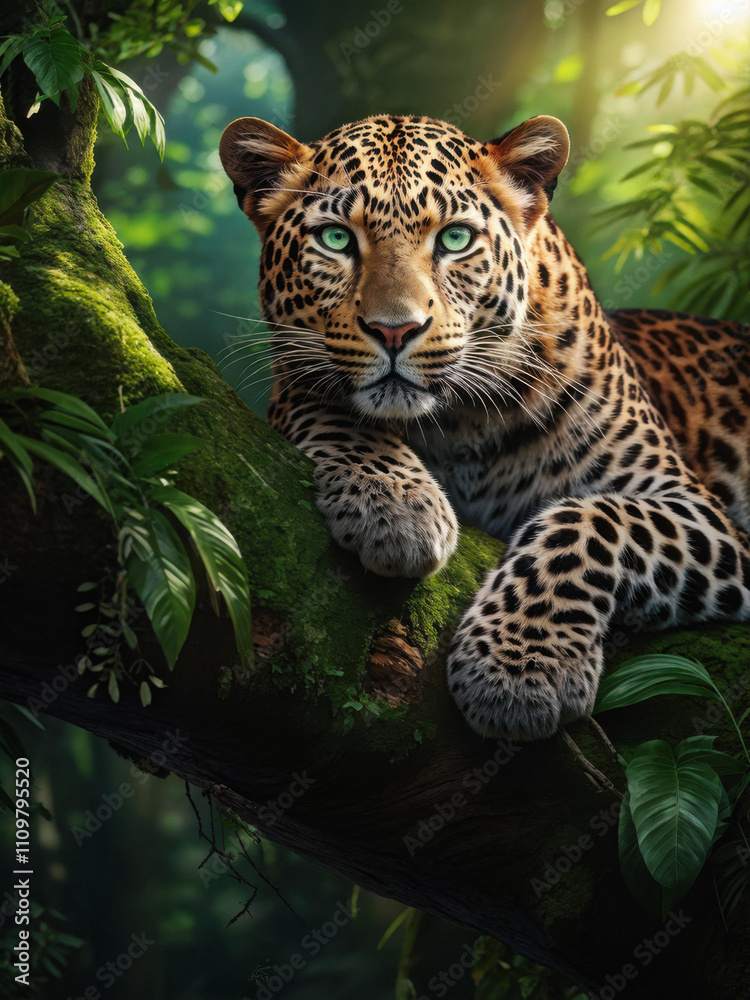 Obraz premium A leopard with piercing green eyes resting on a moss-covered tree branch, high above the forest floor, exuding grace and power. Generative AI