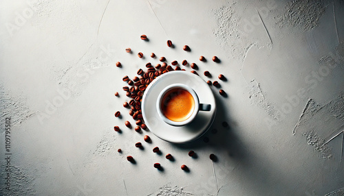 A cup of aromatic coffee from above on a light background. Coffee concept. Generative AI