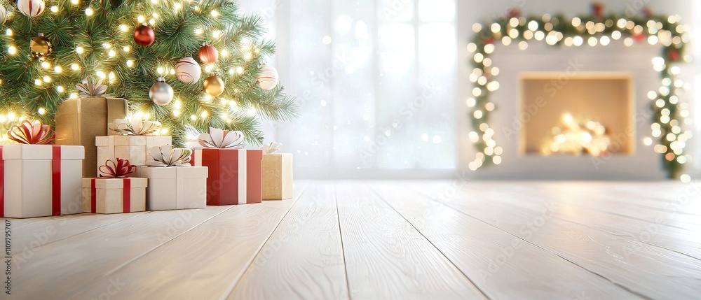 Cozy Christmas Scene with Festive Tree, Gifts, and Glowing Fireplace for Holiday Celebrations and Decorations Cozy Christmas Scene with Festive Tree, Gifts, and Glowing Fireplace for Holiday Celebrations and Decorations