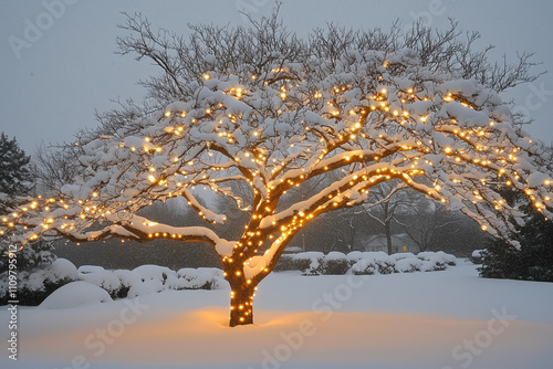 Snow-covered fir branches adorned with warm lights create a serene winter wonderland, glowing softly amidst a gentle snowfall.