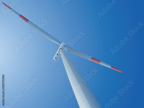 Bottom view of a wind turbine under the Blue sky