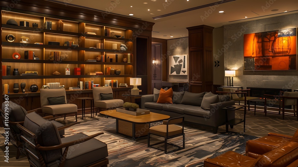 A stylish living area with a combination of textures, elegant shelving, and modern lighting fixtures A stylish living area with a combination of textures, elegant shelving, and modern lighting fixtures