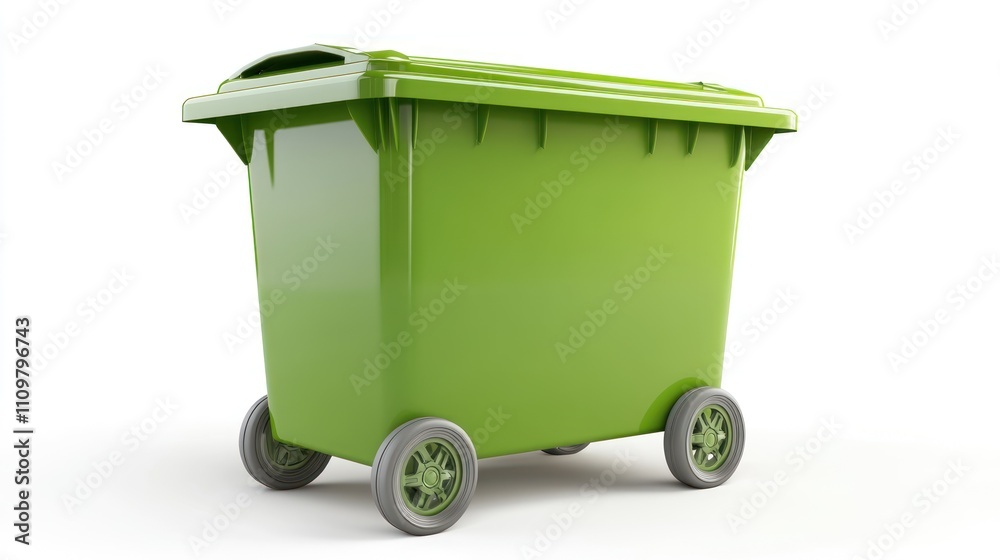 A green wheeled garbage bin for waste disposal. A green wheeled garbage bin for waste disposal.