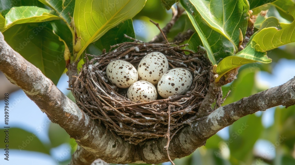 Nest with Four Beautiful Eggs Among Green Leaves in Nature Nest with Four Beautiful Eggs Among Green Leaves in Nature