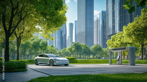 Futuristic electric car parked in a green urban environment.