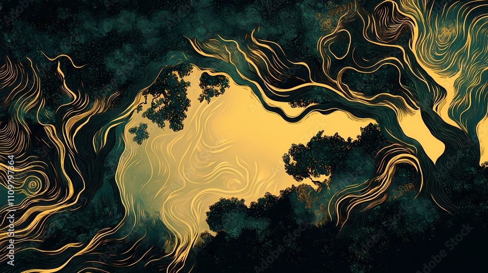 Fototapeta premium Mystical Forest Illustration Blending Pyrography and Digital Art Techniques”