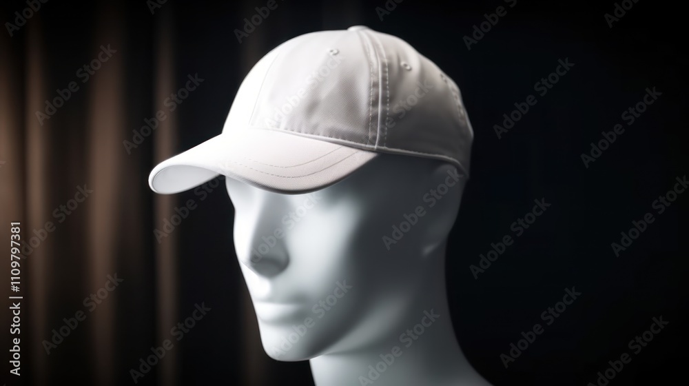 A white cap displayed on a mannequin head against a dark backdrop. A white cap displayed on a mannequin head against a dark backdrop.