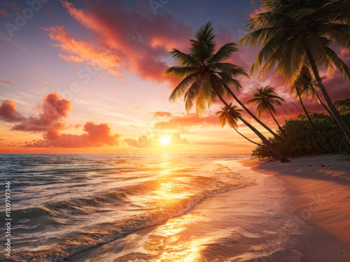 Serene tropical beach at sunset with leaning palm trees casting long shadows on golden sand, creating a tranquil paradise. Generative AI