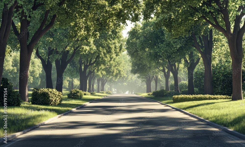 A Park Road Surrounded by Trees with Green Leaves A Park Road Surrounded by Trees with Green Leaves