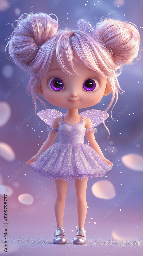Fototapeta premium 3D animated fairy pastel pink purple hair sparkling dress fantasy wings large expressive eyes magical glowing background whimsical playful children stories fantasy artwork girl character game design