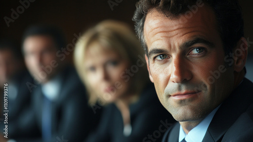 Confident businessman listening attentively in a meeting with colleagues, AI Generative