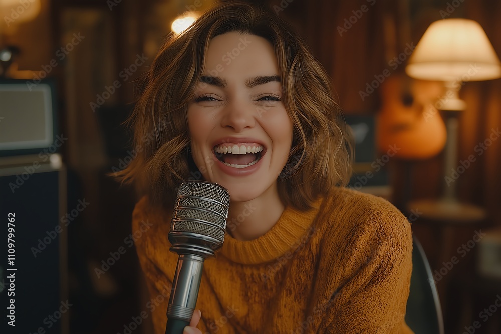 radio presenter sitting in a chair, shouts with a smile in her face into a microphone, mouth open, during radio recordings in a radio station studio radio presenter sitting in a chair, shouts with a smile in her face into a microphone, mouth open, during radio recordings in a radio station studio