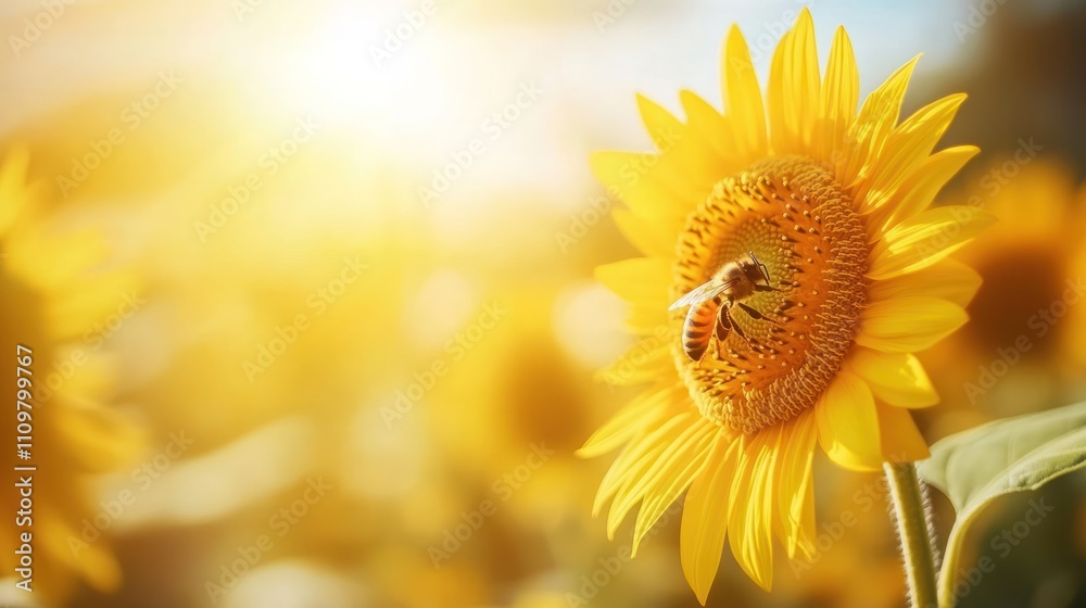 Obraz premium A bee pollinates a vibrant sunflower in a sunlit field.