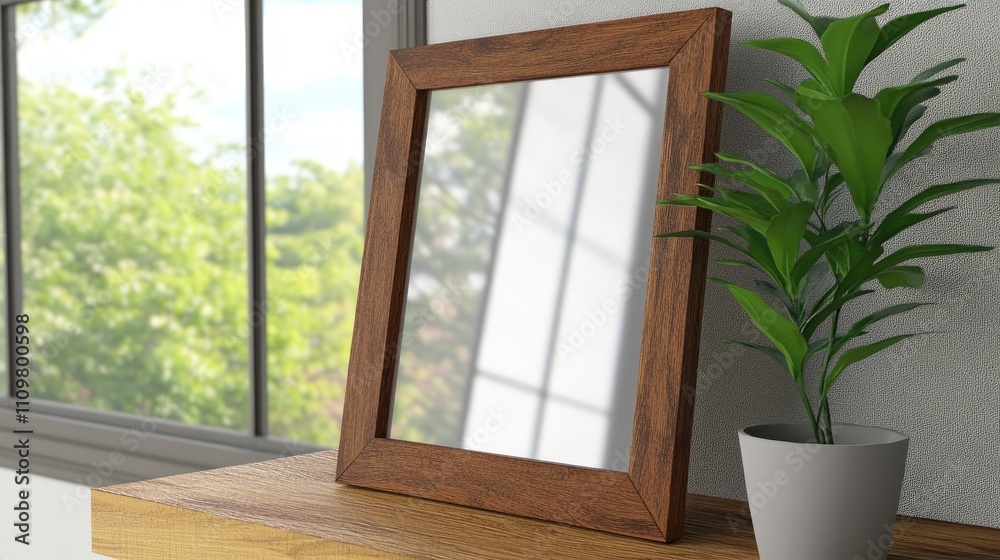 Fototapeta premium Wooden Frame Mirror Reflecting Natural Light in Modern Interior
