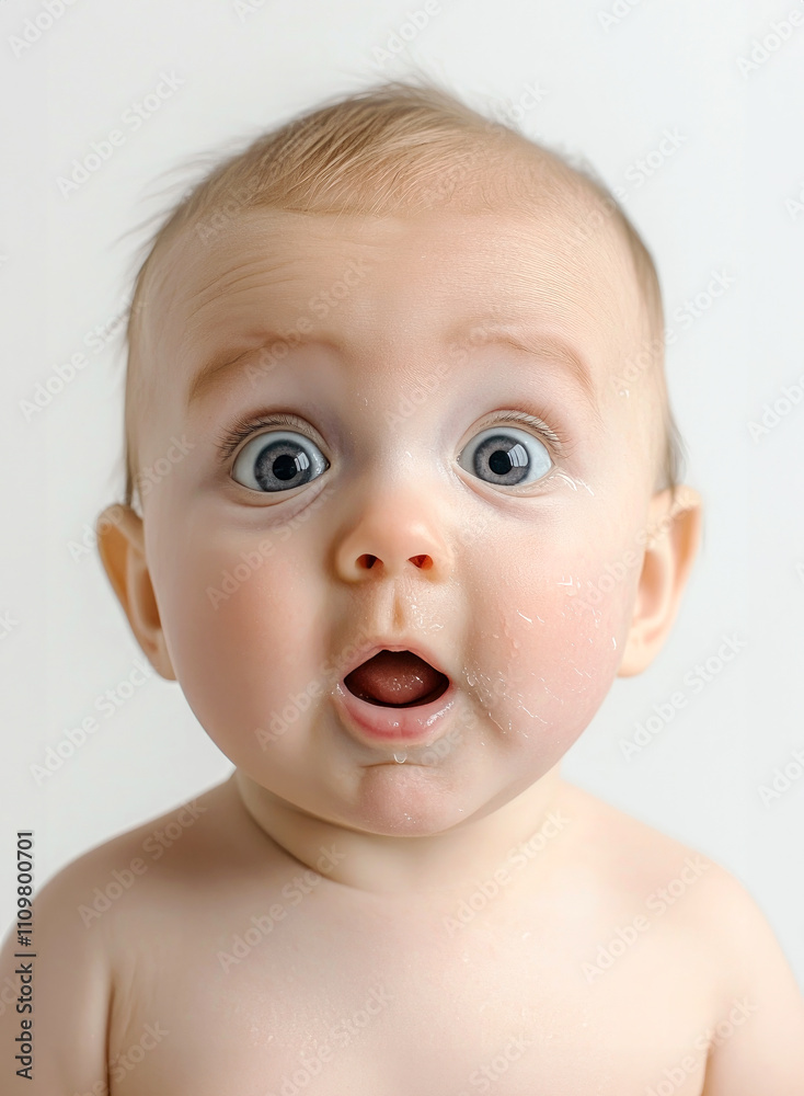 Caucasian baby, blond with blue eyes, surprised with open mouth. Generative AI. Caucasian baby, blond with blue eyes, surprised with open mouth. Generative AI.
