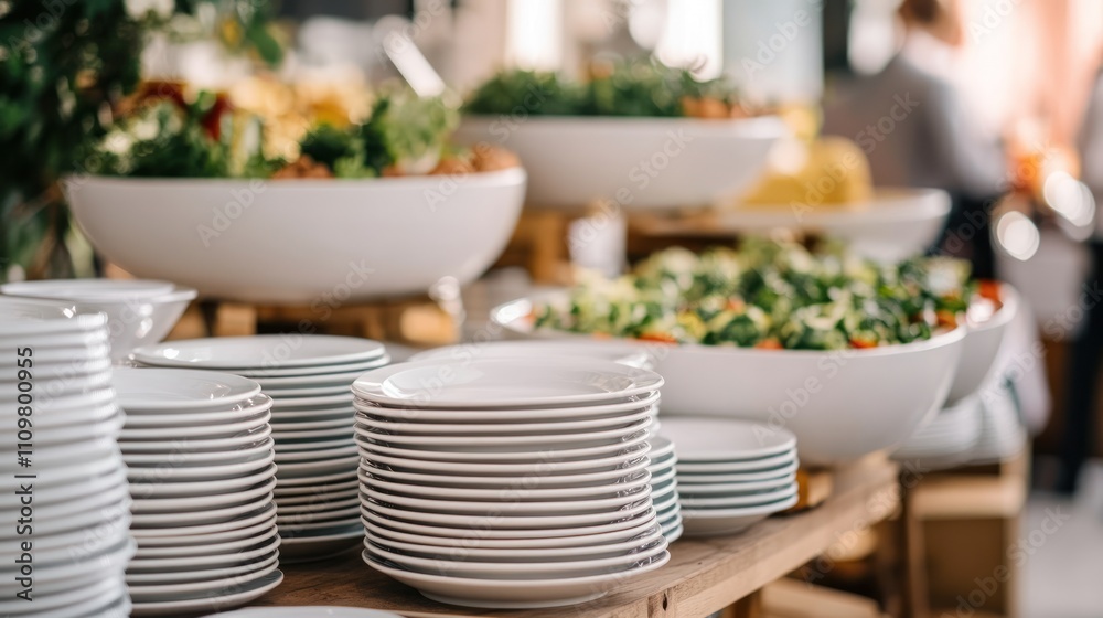 A buffet setup with stacked plates and fresh salads. A buffet setup with stacked plates and fresh salads.