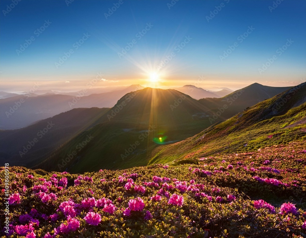 sunrise rhododendron flowers blooming on the high mountain spring morning wallpaper background panoramic view sun rays enlighten the meadow sunrise rhododendron flowers blooming on the high mountain spring morning wallpaper background panoramic view sun rays enlighten the meadow