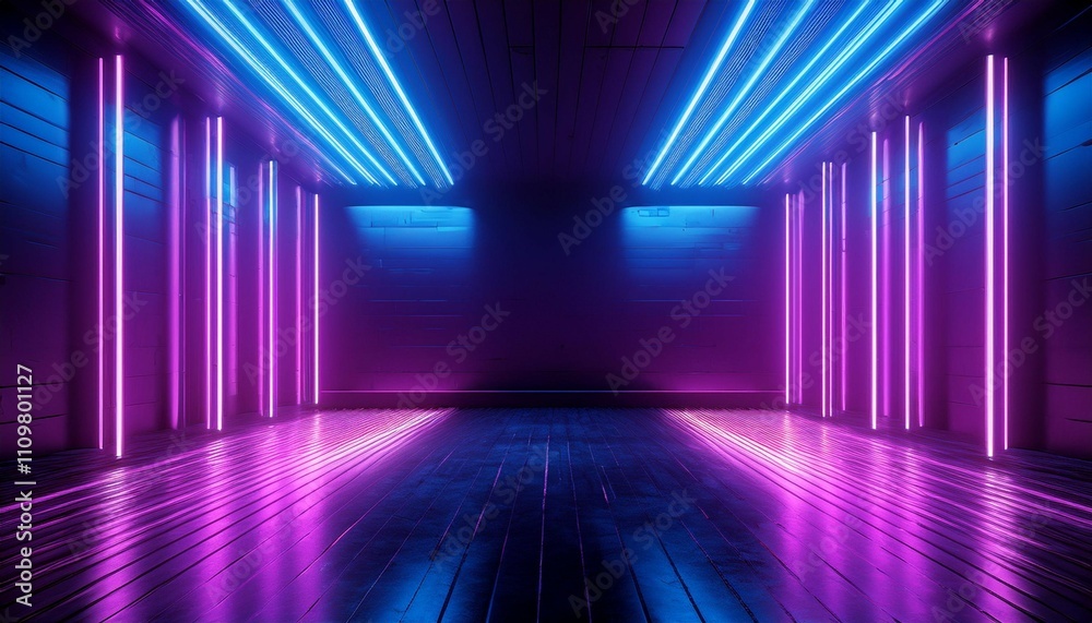 blue and purple neon tube lights in the empty dark room 3d rendering illustration bachground blue and purple neon tube lights in the empty dark room 3d rendering illustration bachground