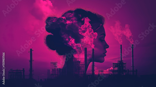 Double exposure digital art combining profile silhouette researcher abstract geothermal plant landscape renewable energy innovation sustainability industry concept modern impact human time wallpaper photo